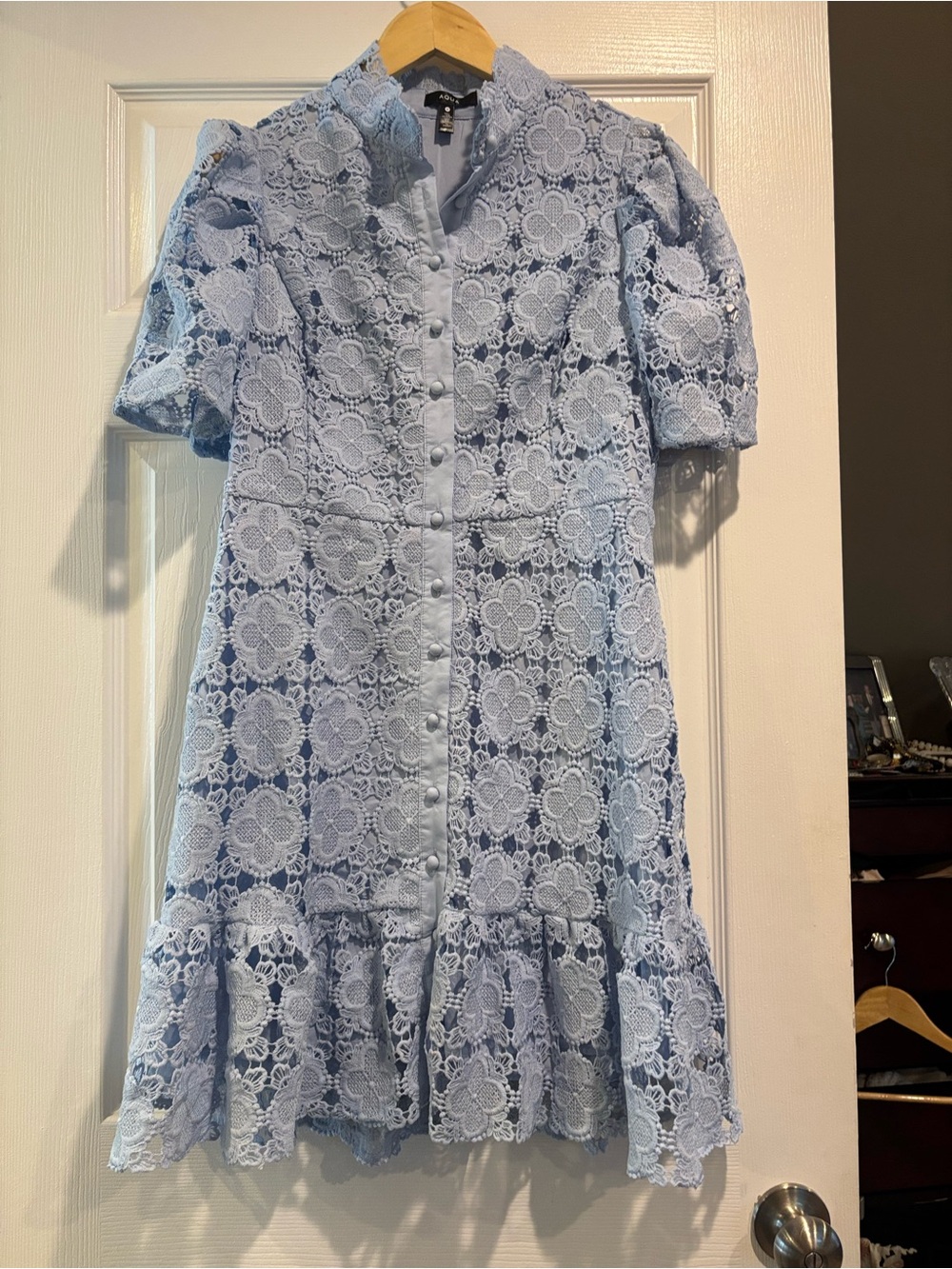 Aqua Powder Blue Lace Button-Front Mini Dress